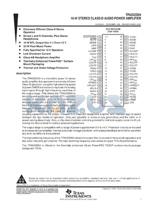 TPA032D04EVM datasheet - CLASS D STEREO AUDIO POWER AMPLIFIER