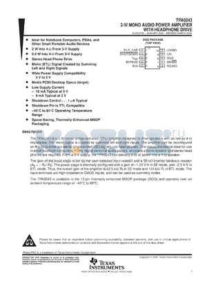 TPA0243DGQR datasheet - 2-W MONO AUDIO POWER AMP WITH HEADPHONE DRIVE