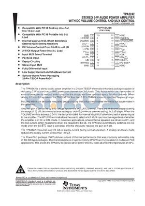 TPA0242EVM datasheet - STEREO 2-W AUDIO POWER AMP WITH DC VOLUME AND MUX CONTROL