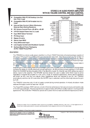 TPA0232EVM datasheet - STEREO 2-W AUDIO POWER AMP WITH DC VOLUME AND MUX CONTROL