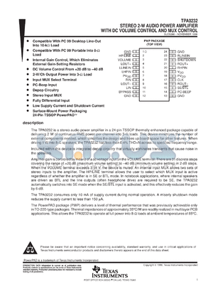 TPA0232PWPR datasheet - STEREO 2-W AUDIO POWER AMP WITH DC VOLUME AND MUX CONTROL