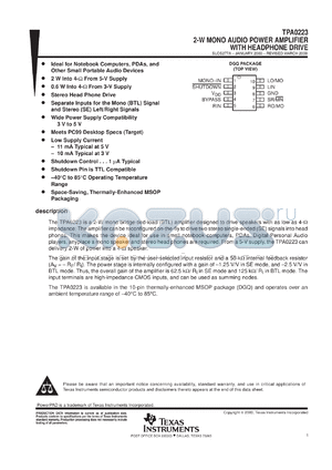 TPA0223DGQR datasheet - 2-W MONO AUDIO POWER AMP WITH HEADPHONE DRIVE