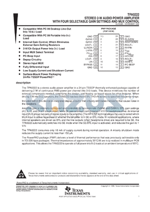 TPA0222EVM datasheet - STEREO 2-W AUDIO POWER AMP WITH 4 SELECTABLE GAIN SETTINGS AND MUX CONTROL