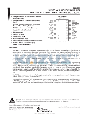 TPA0222PWPR datasheet - STEREO 2-W AUDIO POWER AMP WITH 4 SELECTABLE GAIN SETTINGS AND MUX CONTROL