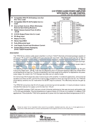 TPA0162PWPR datasheet - 2W STEREO APA WITH DIGITAL VOLUME CONTROL