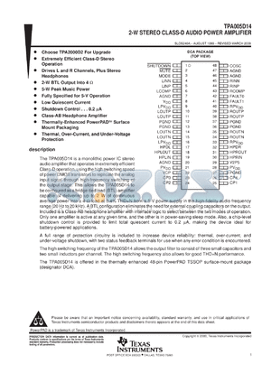 TPA005D14EVM datasheet - CLASS D STEREO AUDIO POWER AMP