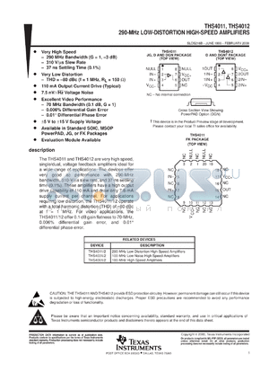 THS4011IDGNR datasheet - 290-MHZ LOW-DISTORTION HIGH-SPEED AMPLIFIER