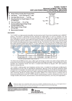 TLV2221CDBVR datasheet - SINGLE LINCMOS(TM) RAIL-TO-RAIL UPOWER OPERATIONAL AMPLIFIER