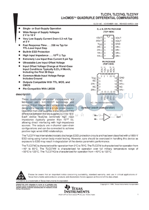 TLC374CNS datasheet - QUAD GENERAL PURPOSE LINCMOS(TM) DIFFERENTIAL COMPARATOR