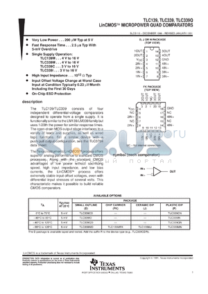 TLC339CNS datasheet - QUAD, MICROPOWER, LINCMOS(TM) COMPARATOR
