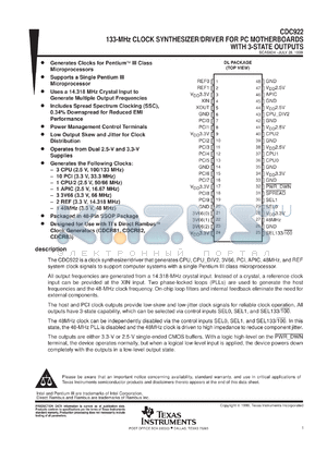 CDC922DLR datasheet - 133-MHZ CLOCK SYNTHESIZER/DRIVER FOR PC MOTHERBOARDS WITH 3-STATE OUTPUTS