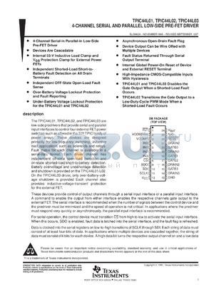 TPIC44L03DBR datasheet - 4-CHANNEL SERIAL/PARALLEL LOW-SIDE PRE-FET DRIVER