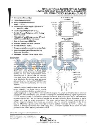 TLV1544EVM datasheet - 10-BIT 85 KSPS ADC SER. OUT, PGRMABLE PWR/PWRDN/CONVERSION RATE, TMS320 DSP/SPI/QPSI COMPAT., 4 CH.