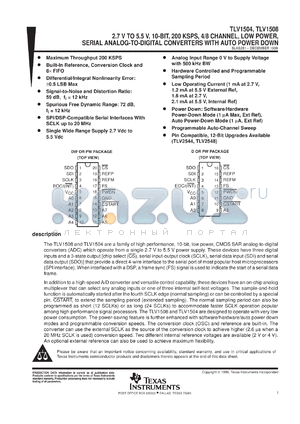 TLV1504IDR datasheet - 10-BIT 200 KSPS ADC SERIAL OUT, HARDWARE/SOFTWARE/AUTO POWERDOWN, PGRMABLE AUTO CHANNEL SWEEP, 4 CH.