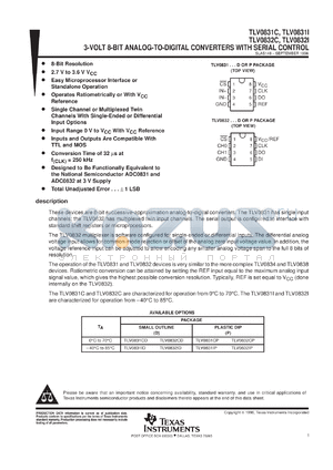 TLV0832CDR datasheet - 8-BIT 44.7 KSPS ADC SERIAL OUT, MUXED TWIN CH. W/SE OR DIFFERENTIAL OPTION, 2 CH.