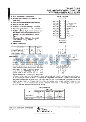 TLC541IFNR datasheet - 8-BIT, 40 KSPS ADC SERIAL-OUT, ON-CHIP 12-CH. ANALOG MUX, 11 CH.
