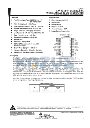 TLV571IPWR datasheet - 8-BIT, 1.25 MSPS SINGLE CH., HARDWARE CONFIG., LOW POWER W/AUTO OR S/W POWERDOWN