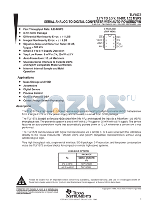 TLV1572CDR datasheet - 10-BIT, 1.25 MSPS ADC SINGLE CH., DSP/(Q)SPI IF, S&H, VERY LOW POWER, AUTO POWERDOWN