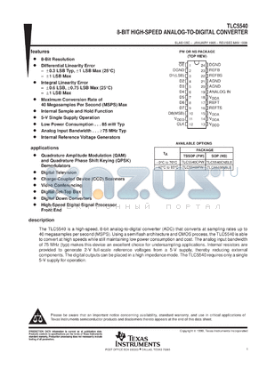 TLC5540EVM datasheet - 8-BIT, 40 MSPS ADC SINGLE CH., INTERNAL S&H, LOW POWER