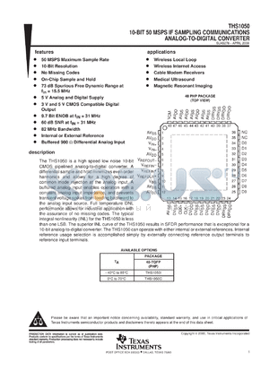 THS1050EVM datasheet - 10-BIT 50 MSPS IF SAMPLING COMMUNICATIONS ADC W/SINGLE CH., LOW NOISE, HIGH SFDR, NO MISSING CODES