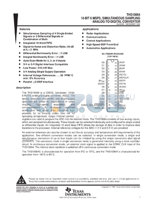 THS10064CDAR datasheet - 10-BIT, 6 MSPS ADC QUAD CH. (CONFIG.), DSP/UP INTERFACE, INTEG. 16X FIFO, CH. AUTOSCAN, LOW POWER