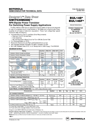 BUL146F datasheet - SWITCHMODE NPN Transistor For Switching Power Supply Applications