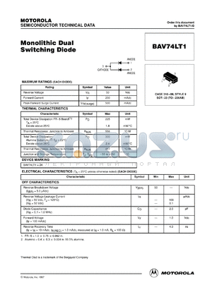 BAV74LT3 datasheet - Monolithic Dual Switching Diode