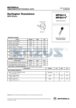 MPSA14RLRM datasheet - Darlington Transistors NPN