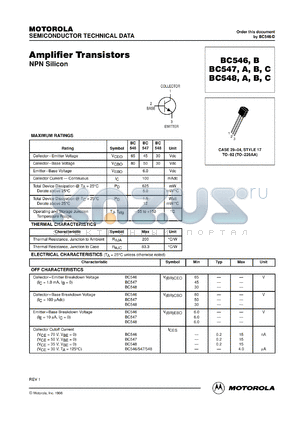 BC548AZL1 datasheet - Amplifier Transistor NPN