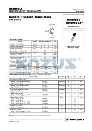 MPS2222ARL datasheet - General Purpose Transistor NPN