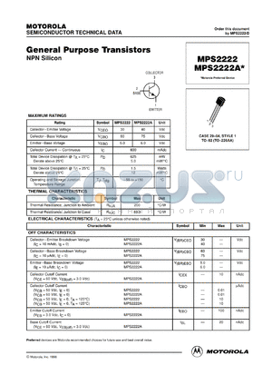 MPS2222AZL1 datasheet - General Purpose Transistor NPN