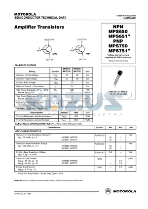MPS651RLRB datasheet - Amplifier Transistor NPN