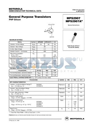 MPS2907ARL1 datasheet - General Purpose Transistor PNP