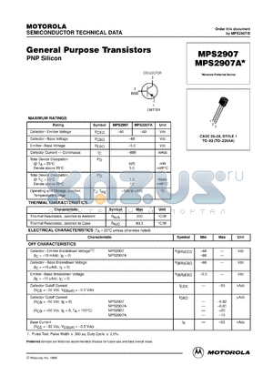 MPS2907AZL1 datasheet - General Purpose Transistor PNP