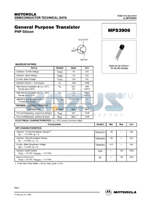 MPS3906RLRA datasheet - General Purpose Transistor