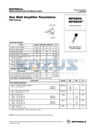 MPSW55RLRA datasheet - One Watt Amplifier Transistor PNP