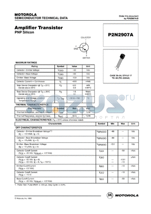 P2N2907AZL1 datasheet - Amplifier Transistor PNP