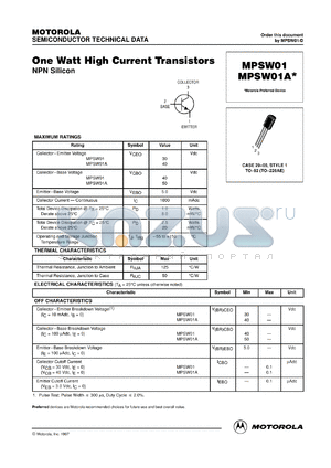 MPSW01ARLRP datasheet - One Watt High Current Transistor NPN