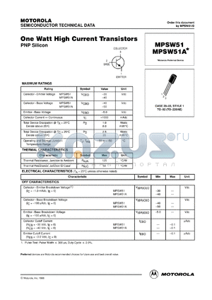 MPSW51ARLRA datasheet - One Watt High Current Transistor PNP