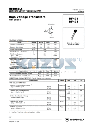 BF423RL1 datasheet - High Voltage Transistor PNP