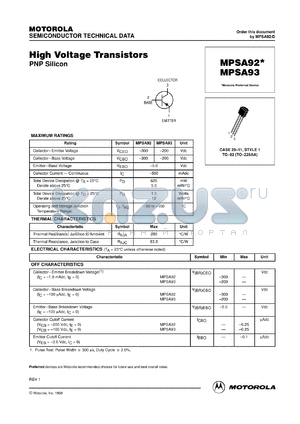 MPSA92RL datasheet - High Voltage Transistor PNP