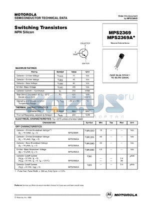 MPS2369ARLRA datasheet - Switching Transistors