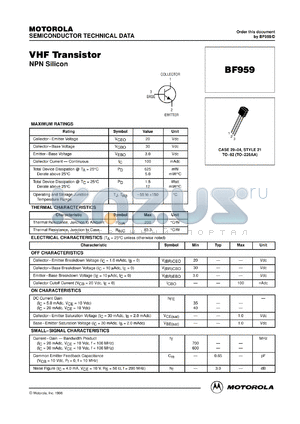 BF959RL1 datasheet - VHF Transistor