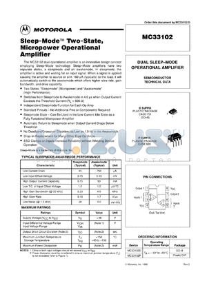 MC33102DR2 datasheet - Sleep-Mode Two-State, Micropower Operational Amplifier