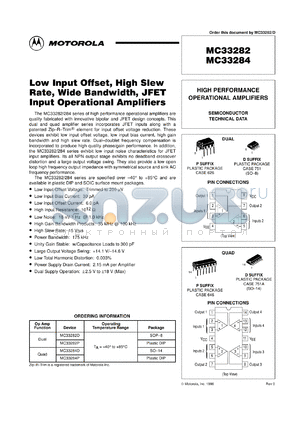 MC33284P datasheet - Low Input Offset, High Slew Rate, Wide Bandwidth, JFET Input Op Amp