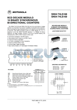 SN74LS169MEL datasheet - BCD DECADE/MODULO 16 BINARY SYNCHRONOUS BI-DIRECTIONAL COUNTERS