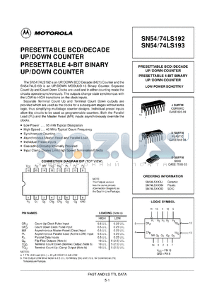 SN74LS193DR2 datasheet - PRESETTABLE BCD/DECADE UP/DOWN COUNTER PRESETTABLE 4-BIT BINARY UP/DOWN COUNTER