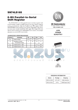 SN74LS165DR2 datasheet - 8-Bit Parallel-to-Serial Shift Register