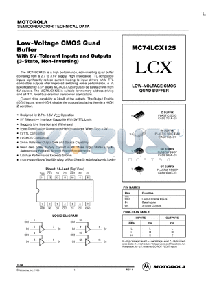 MC74LCX125DTEL datasheet - Low-Voltage CMOS Quad Buffer with 5V Tolerant Inputs and Outputs (3-State, Non-Inverting)