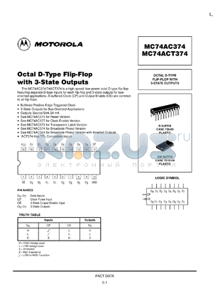 MC74AC374MR1 datasheet - Octal D Type Flip Flop with 3 State Outputs